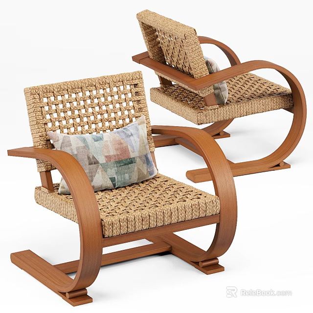 Comfortable Rattan Leisure Chairs With Wooden Frame and Colorful Geometric Pattern Cushion 3d model 