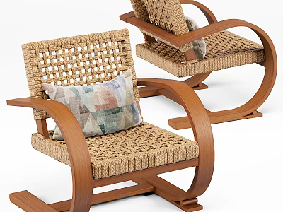Comfortable Rattan Leisure Chairs With Wooden Frame and Colorful Geometric Pattern Cushion 3d model