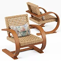Comfortable Rattan Leisure Chairs With Wooden Frame and Colorful Geometric Pattern Cushion