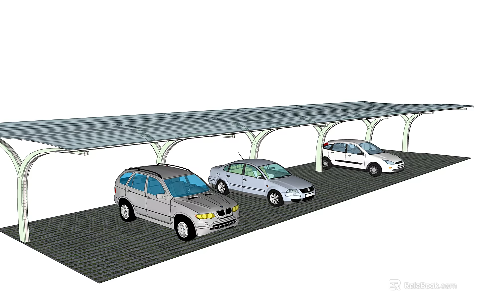 Modern Outdoor Carport Structure Covering Multiple Parked Cars In Parking Area 3d model 