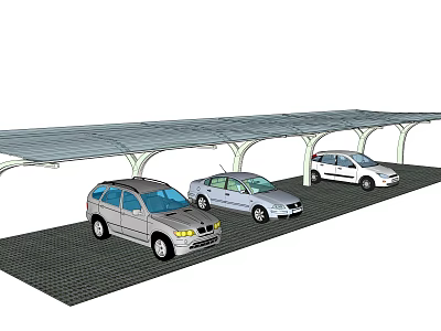 Modern Outdoor Carport Structure Covering Multiple Parked Cars In Parking Area 3d model