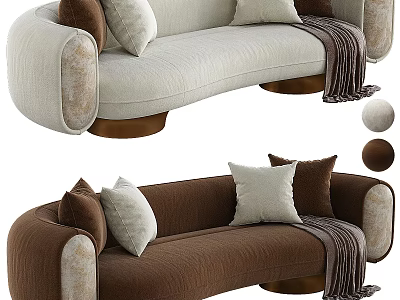 Curved Sectional Sofa Beige And Brown Upholstered With Throw Pillows And Blanket On Brass Legs 3d model