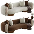 Curved Sectional Sofa Beige And Brown Upholstered With Throw Pillows And Blanket On Brass Legs