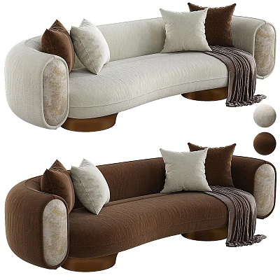Curved Sectional Sofa Beige And Brown Upholstered With Throw Pillows And Blanket On Brass Legs 3d model