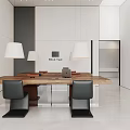 Modern Office Desk Setup With Laptop Modern Chairs Pendant Lights And White Walls