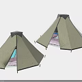 Two Beige Conical Camping Tents With Canvas Material And Support Poles