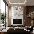 Duplex Living Room Interior With Marble Accent Wall Spiral Chandelier Fireplace TV And Large Windows