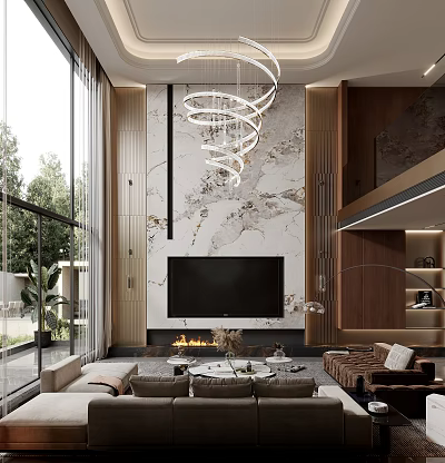Duplex Living Room Interior With Marble Accent Wall Spiral Chandelier Fireplace TV And Large Windows 3d model