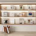 Books And Magazines Display On Wooden Bookshelf With Glass Shelves Decorative Items And Metal Cart