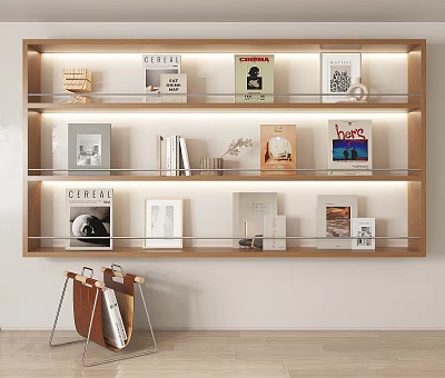 Books And Magazines Display On Wooden Bookshelf With Glass Shelves Decorative Items And Metal Cart 3d model