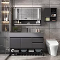 Modern Bathroom Vanity With Gray Countertop Cabinet Sink Backlit Mirror And Toiletries
