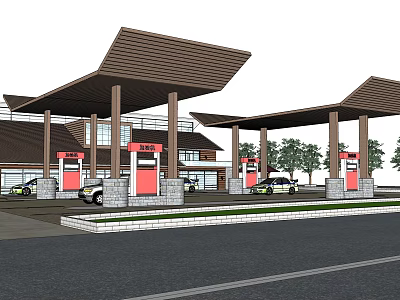 Modern Gas Station Design With Brown Canopy Fuel Pumps Building And Trees 3d model
