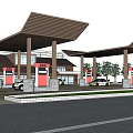 Modern Gas Station Design With Brown Canopy Fuel Pumps Building And Trees