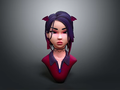 3D Character Head Model With Purple Hair Red Accessories Neck Ornament And Red Top 3d model