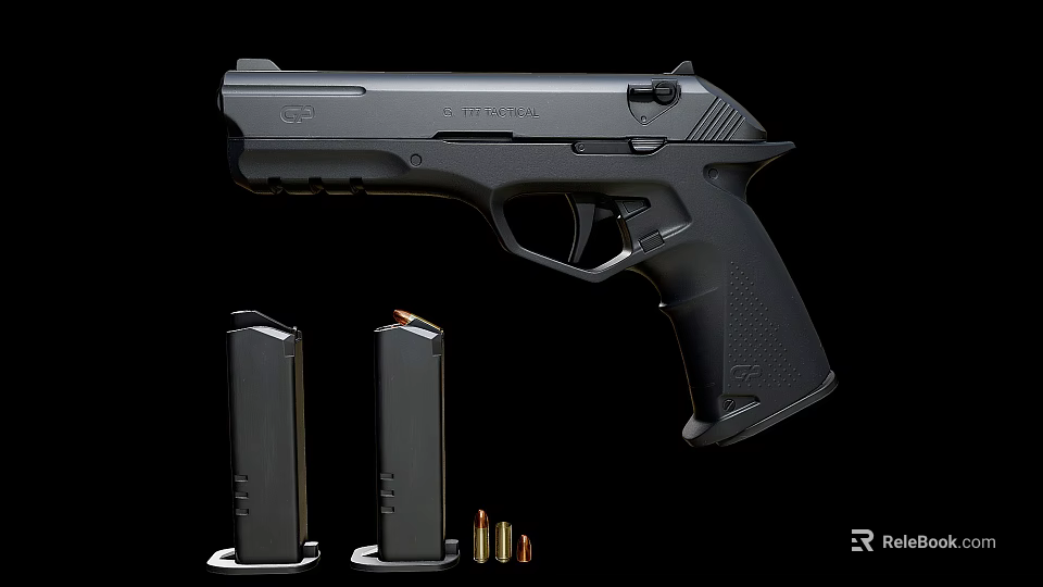Modern Black Tactical Pistol With Two Magazines And Ammunition Bullets 3d model 