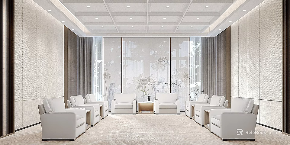 Elegant Modern Reception Room With White Sofas Large Windows And Soft Carpet 3d model 