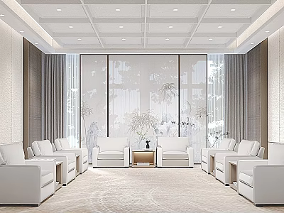 Elegant Modern Reception Room With White Sofas Large Windows And Soft Carpet 3d model