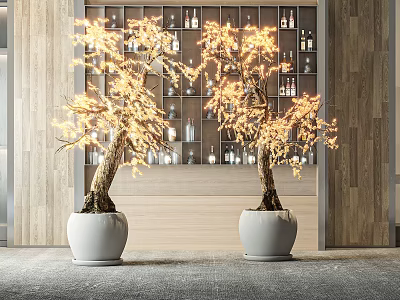 Decorative Bonsai Trees Lit With Yellow Lights In White Pots And Shelf Background With Bottles 3d model