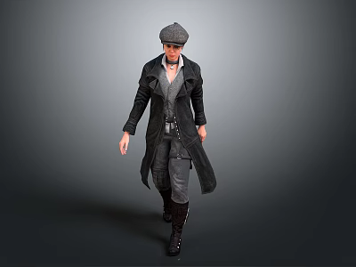 Vintage Style Man Walking In Long Coat Vest Pants And Leather Boots 3d model