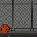 Black Metal Grid Architectural Component With Basketball On Wooden Floor