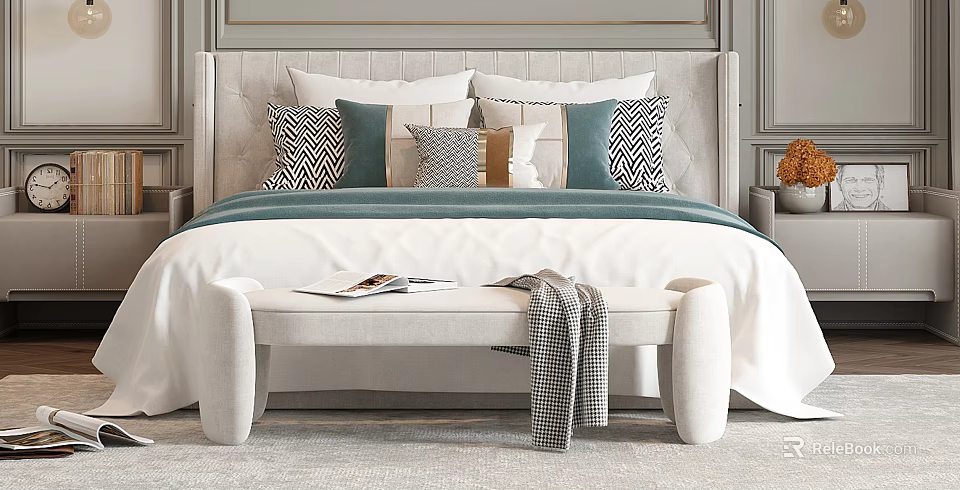 Modern Cozy Double Bed with Upholstered Headboard Patterned Pillows and Bed Bench 3d model