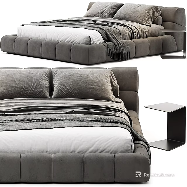 Modern Gray Upholstered Double Bed With White Bedding And Side Table 3d model 