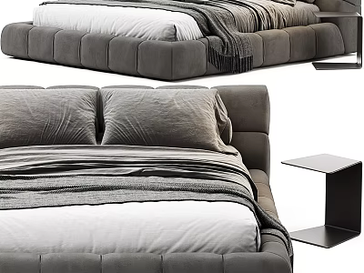 Modern Gray Upholstered Double Bed With White Bedding And Side Table 3d model
