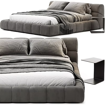 Modern Gray Upholstered Double Bed With White Bedding And Side Table 3d model