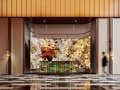Modern Hotel Lobby With Golden Patterned Decorative Wall Glass Reception Desk Flower Arrangement And Checkerboard Floor 3d model