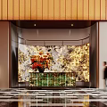 Modern Hotel Lobby With Golden Patterned Decorative Wall Glass Reception Desk Flower Arrangement And Checkerboard Floor