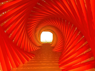 Red Spiral Bridge Interior With Curved Lines And Light At The End 3d model