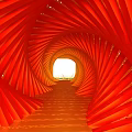 Red Spiral Bridge Interior With Curved Lines And Light At The End