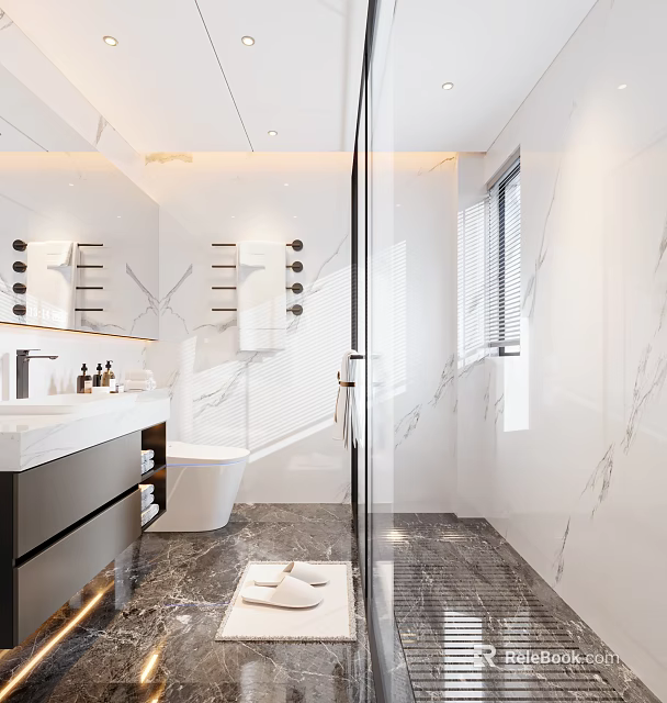 Modern Bathroom Marble Interior Bathtub Shower Area Vanity With Mirror Storage Cabinets And Window Blinds 3d model 
