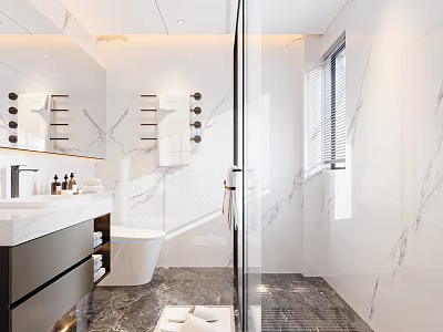 Modern Bathroom Marble Interior Bathtub Shower Area Vanity With Mirror Storage Cabinets And Window Blinds 3d model