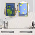 Decorative Paintings With Yellow Frames Blue Backgrounds Green Abstract Patterns Yellow Dots White Shelf Decorations 3d model