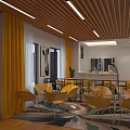 Modern Cozy Lounge Area With Green Plants Long Tables Chairs Bookshelves And Wall Guitars