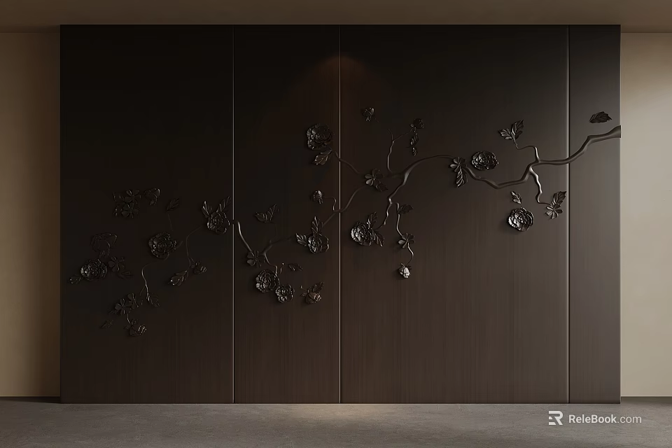 Elegant Modern Dark Wall Design With Intricate Metal Floral Patterns 3d model 