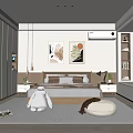 Modern Bedroom Interior With Bed Wardrobe Decorative Paintings And Soft Furnishings