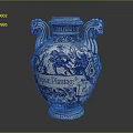 Blue And White Decorative Vase With Lion Head Handles And Intricate Patterns
