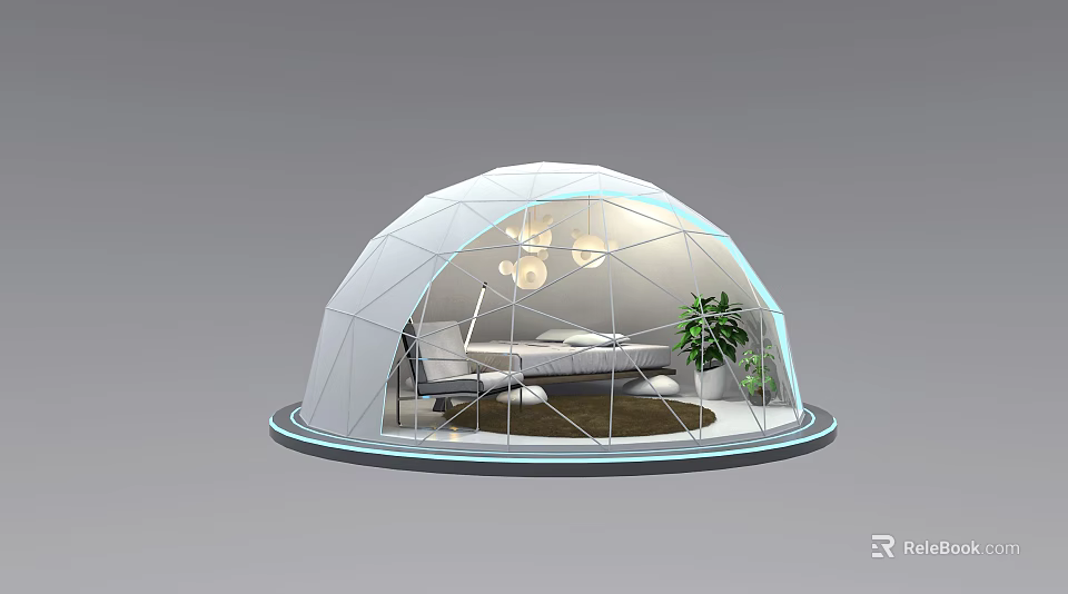 Modern Transparent Spherical Tent Interior Design With Cozy Furniture And Green Plants 3d model 