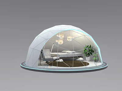 Modern Transparent Spherical Tent Interior Design With Cozy Furniture And Green Plants 3d model