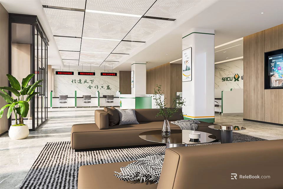 Modern Service Hall Interior Design With Brown Sofas Area Rug Potted Plants And Service Counter 3d model 