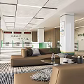 Modern Service Hall Interior Design With Brown Sofas Area Rug Potted Plants And Service Counter
