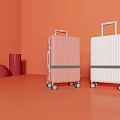 Pink And White Striped Suitcases Featuring Telescopic Handles And Wheels On Orange Background