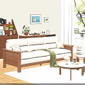 Solid Wood Beige Fabric Sofa And Round Coffee Table Set For Cozy Warm Living Space