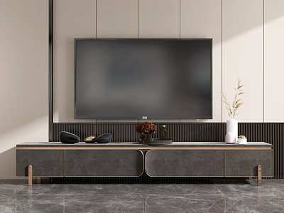 Modern Living Room TV Stand with Storage Design Featuring Wall Mounted TV and Decorative Accessories 3d model