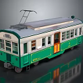Vintage Green and White Electric Tram with Yellow Doors and Roof Pantograph