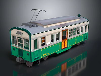 Vintage Green and White Electric Tram with Yellow Doors and Roof Pantograph 3d model