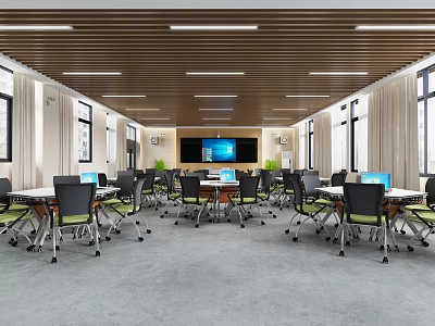 School Spacious Classroom with Desks Chairs Laptops Large Screen Windows and Ceiling Strip Lights 3d model