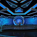 Futuristic Tech Display Stage Featuring Blue Lighting Circular Screens And Holographic Elements 3d model